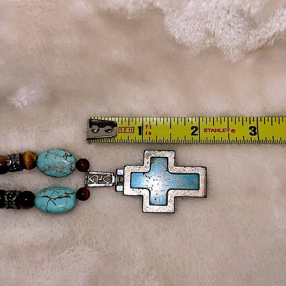 ✝️ BOHO 18” TURQUOISE & TIGERS EYE BEADED MACRAME NECKLACE w/SILVER-TONE ACCENTS - Picture 7 of 7